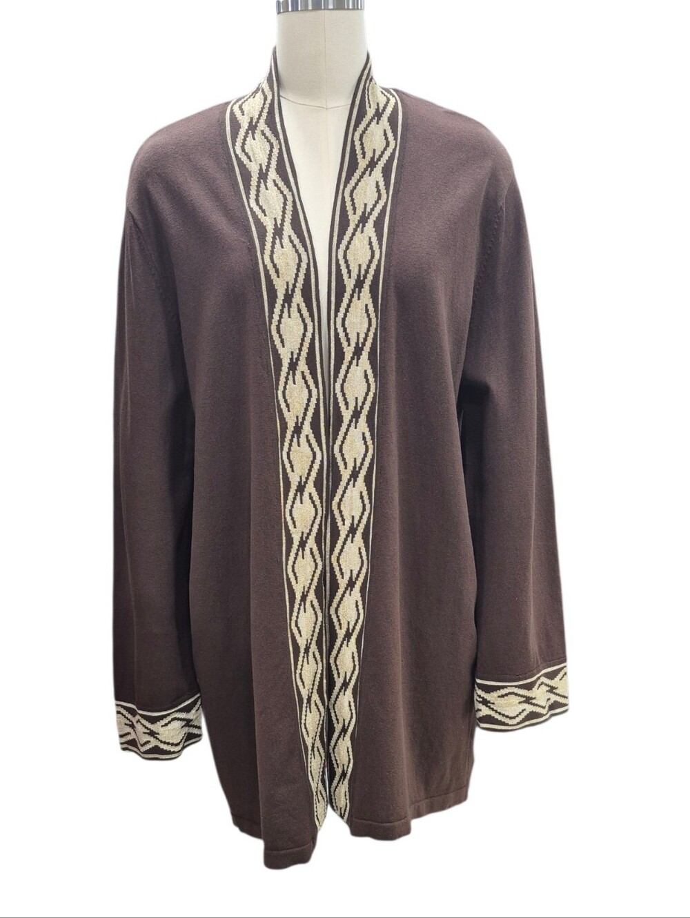 Boo Gemes cardigan sweater women's 1X brown open front gold metallic detail silk